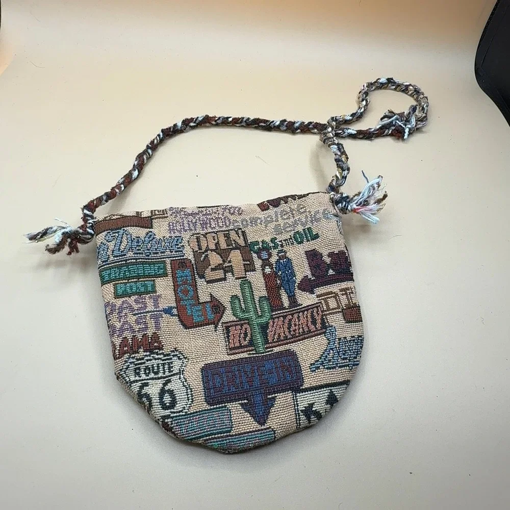 Route 66 Tapestry Crossbody Bag Small Purse Woven Multicolor Braided Strap